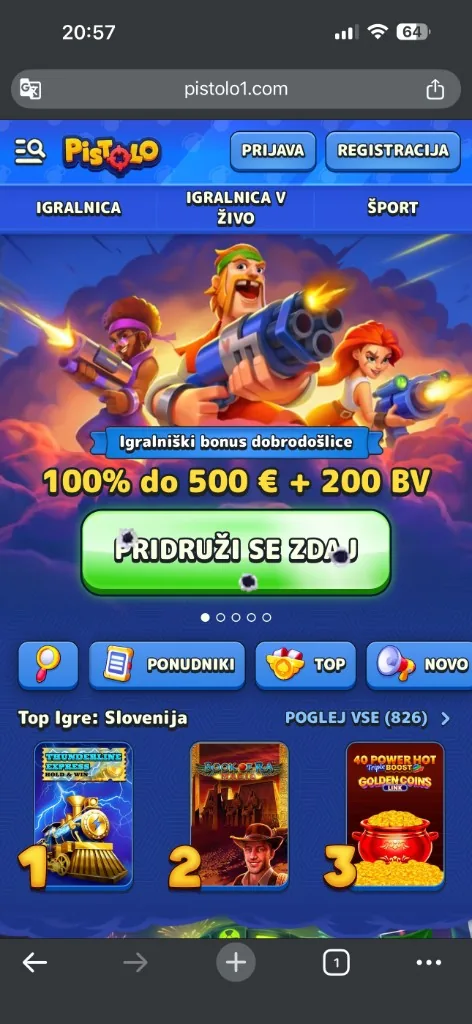 Pistolo – domača stran in bonus dobrodošlice